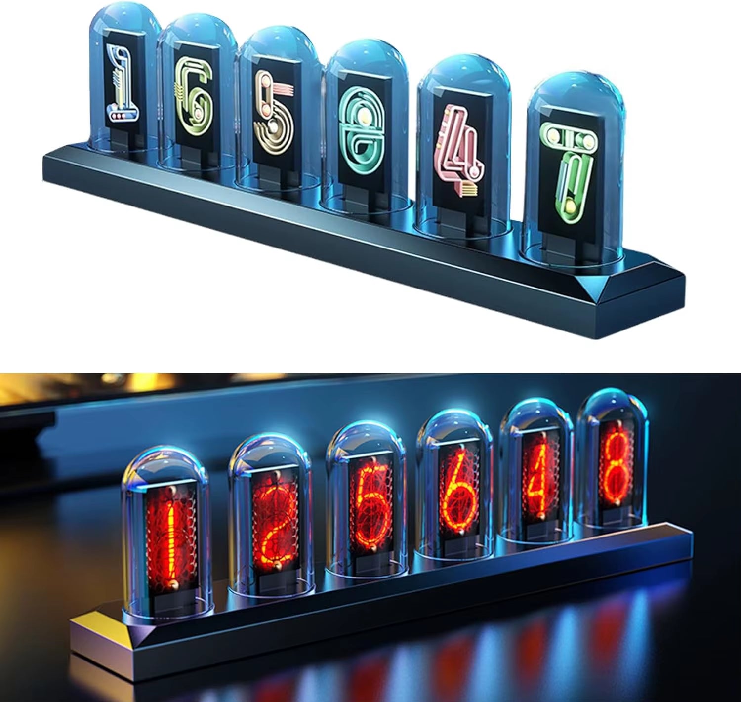USB Powered RGB Nixie Tube Clock with IPS Color Screen, Corded Electric Aluminum Oval Alarm Clock with Charging Port, Metal Fram